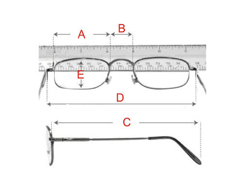 眼鏡尺寸量測示意圖(A,B,C,D,E)